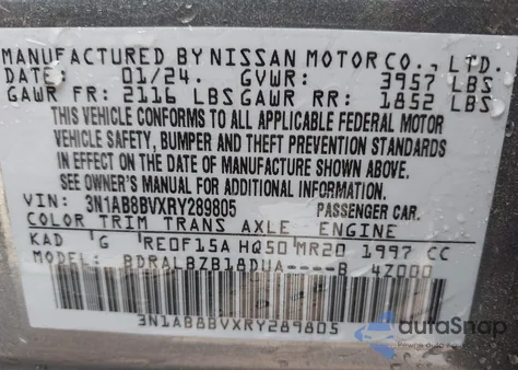 2024 Nissan Sentra S Xtronic Cvt z USA, uszkodzony, nr VIN 3N1AB8BVXRY289805